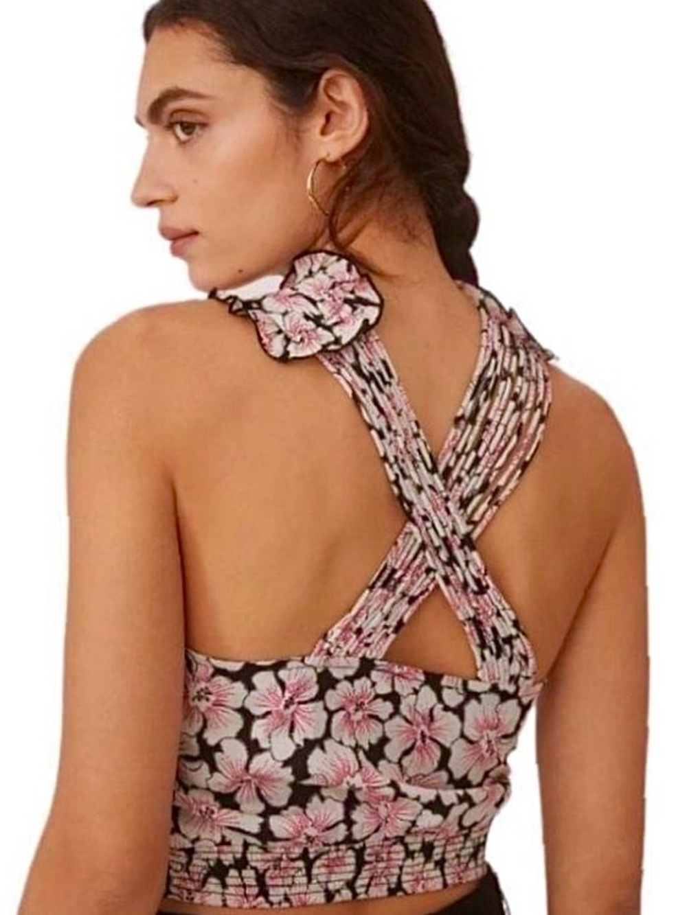 ANTHROPOLOGIE Pink Floral Cross-Front Tie Crop halter NWT!! 🩷🖤🤍 - Picture 2 of 4